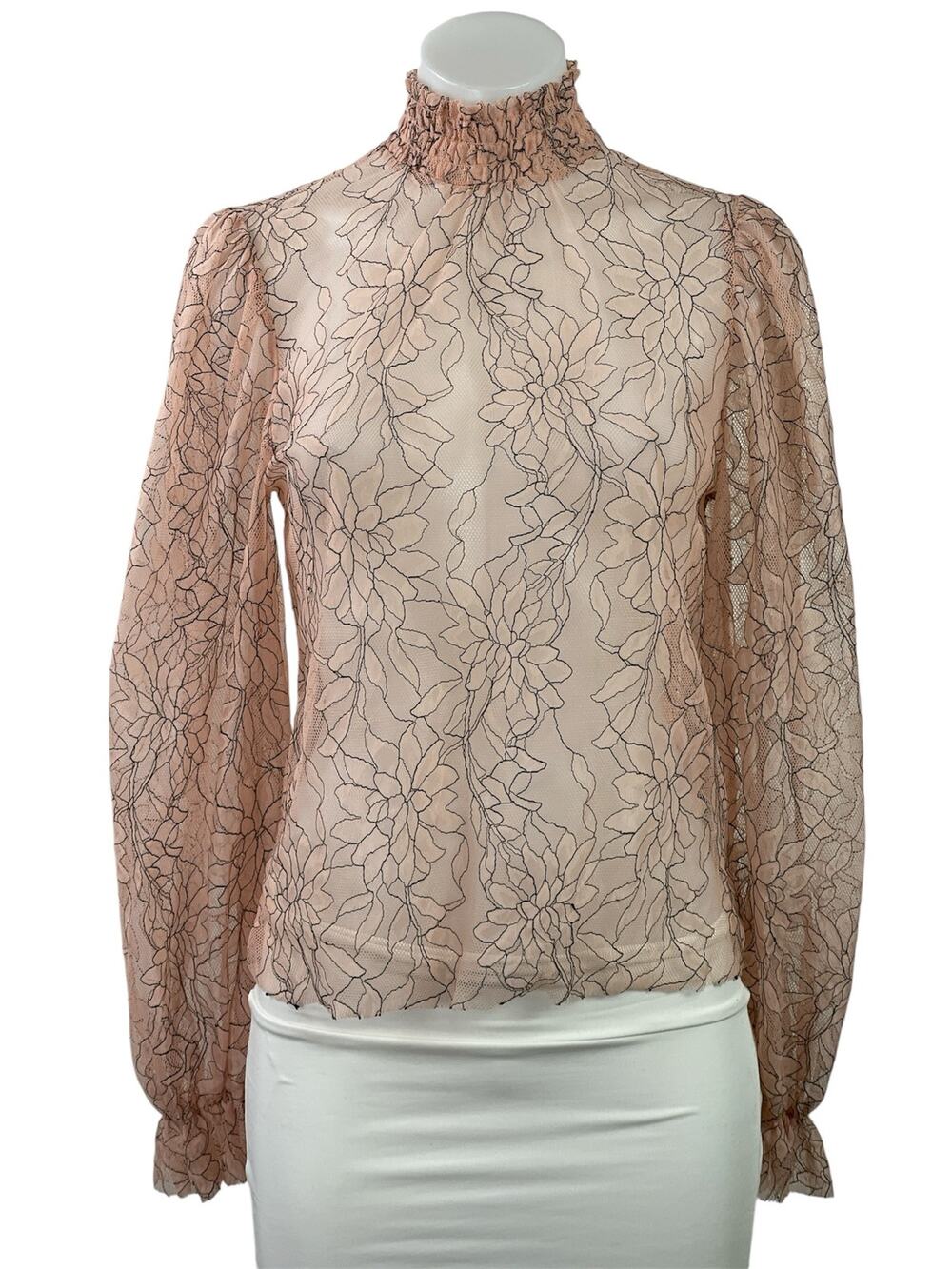 Forever 21 Womens Pink Floral Mesh Sheer Long Balloon Sleeve Turtleneck Blouse S